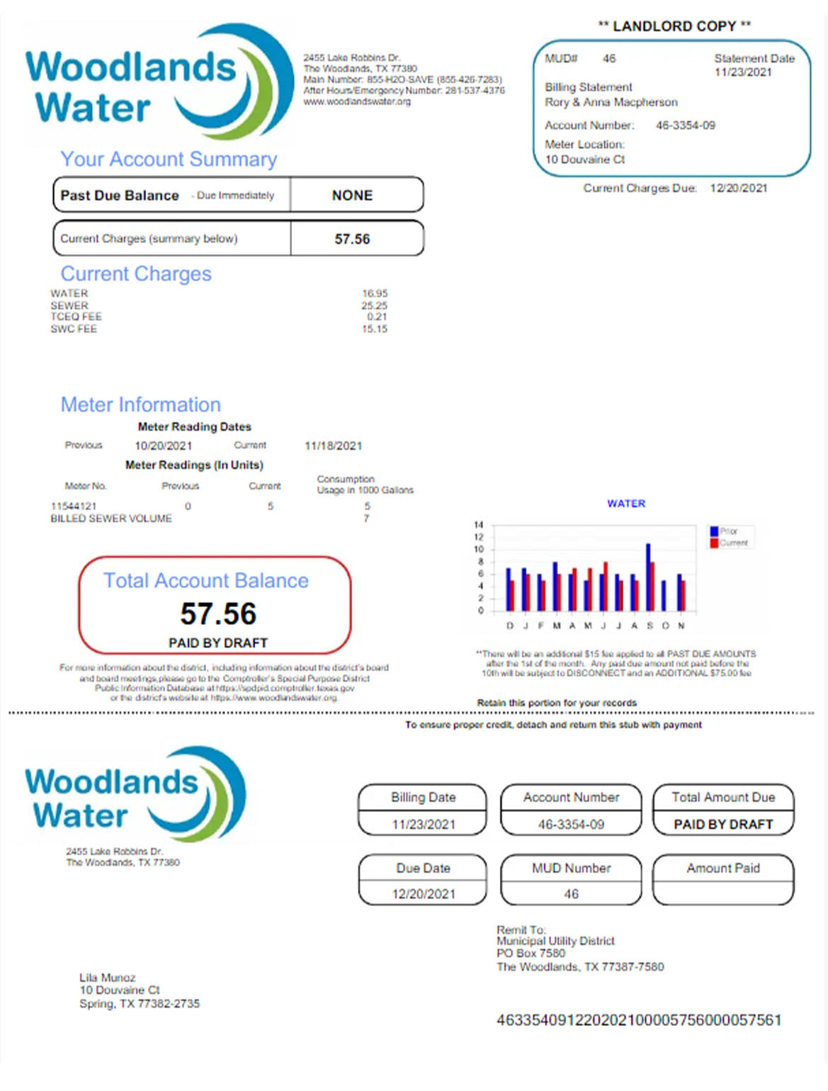 USA Woodlands water utility bill
